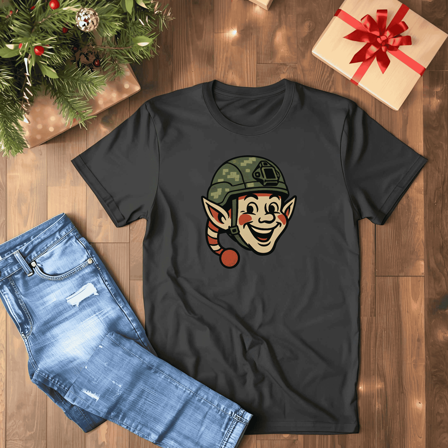Xmas Elf with Camo Helmet Tee